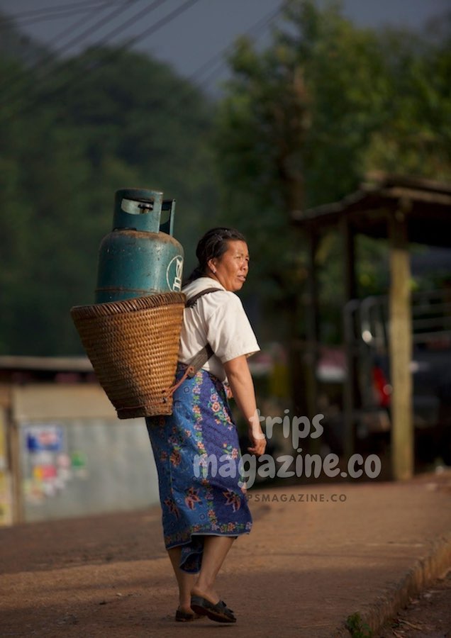 ชาวบ้านบนภูทับเบิกแบกถังก๊าซหุงต้มขึ้นตะกร้าสานสะพายหลังไปเปลี่ยนที่ร้าน เปลี่ยนแปลงไปตามยุคสมัย แทนอดีตที่ใช้ท่อนไม้ฟืน