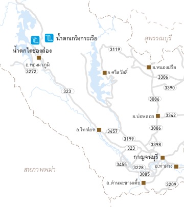 แผนที่ประกอบ น้ำตกเกริงกระเวีย น้ำตกไดช่องถ่อง อุทยานแห่งชาติเขื่อนเขาแหลม กาญจนบุรี