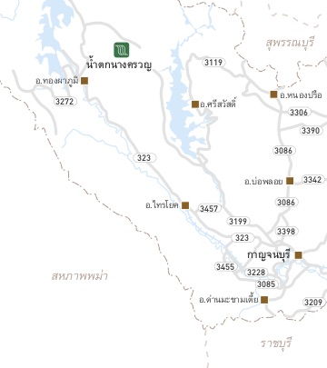 แผนที่ประกอบ จังหวัดกาญจนบุรี น้ำตกนางครวญ อุทยานแห่งชาติลำคลองงู